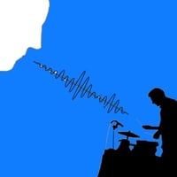 A square album cover. Blue in color, with the outline of a person's face in the top left corner. In the bottom right is the silhouette of an individual playing the drums. A musical sound wave lays between the drummer and the outlined face.